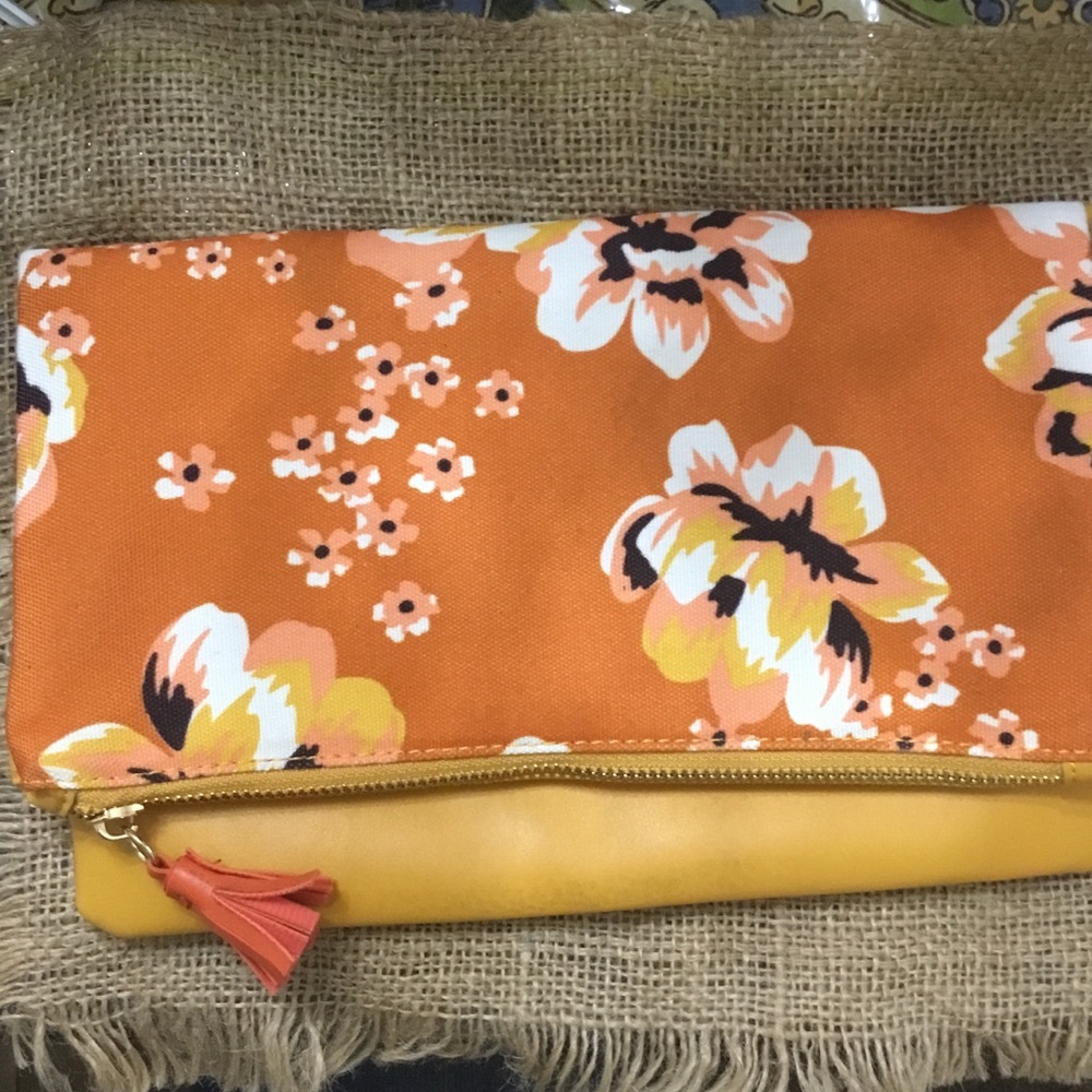 Anthropologie orange floral reversible zipper clutch purse